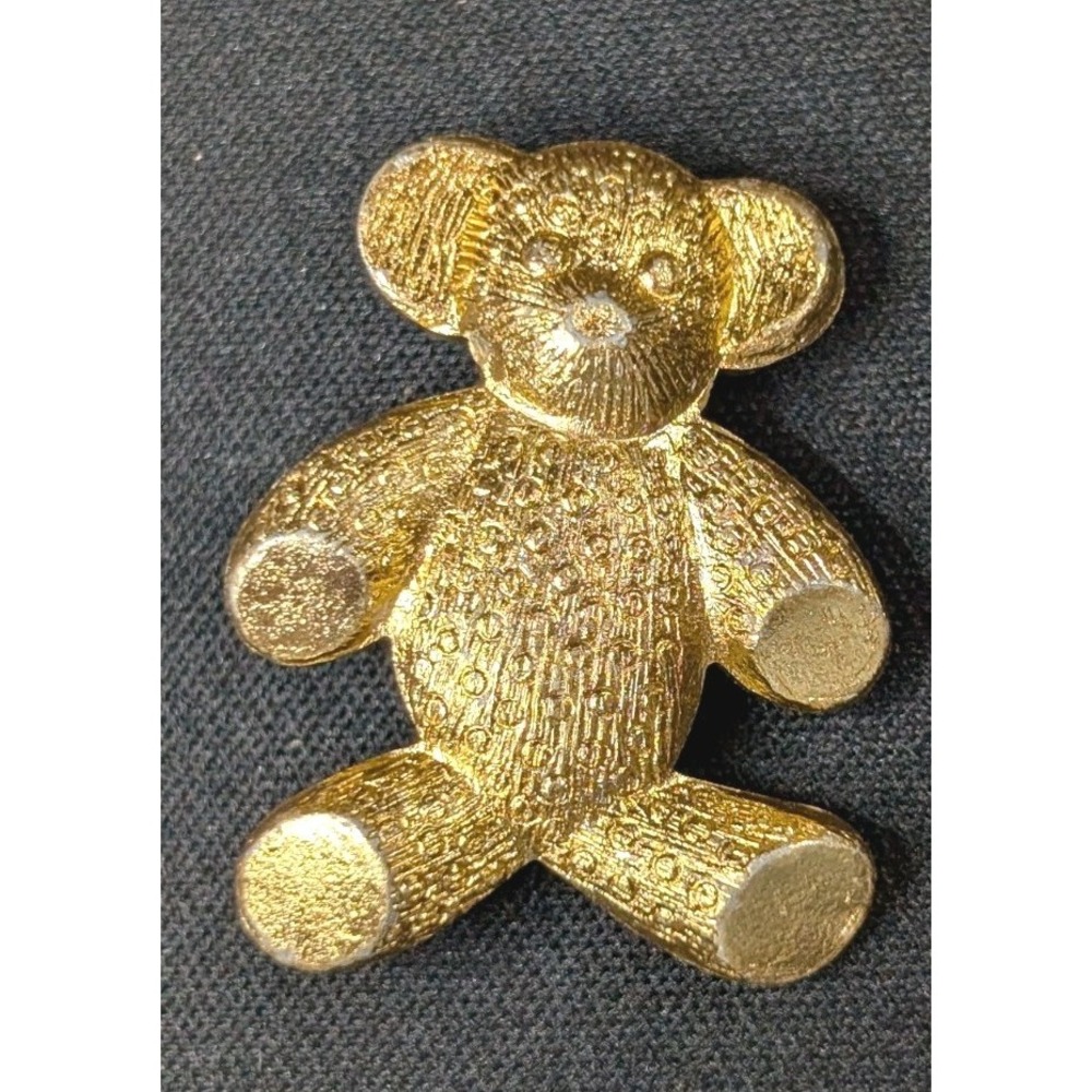 Vintage Gold Tone Teddy Bear Brooch – Textured Metal Pin, Marked Hong Kong 1960s